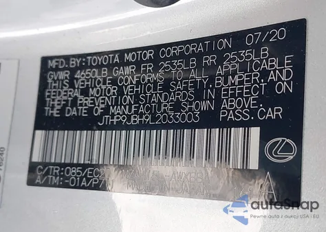 2020 Lexus Ux 250H z USA, uszkodzony, nr VIN JTHP9JBH9L2033003